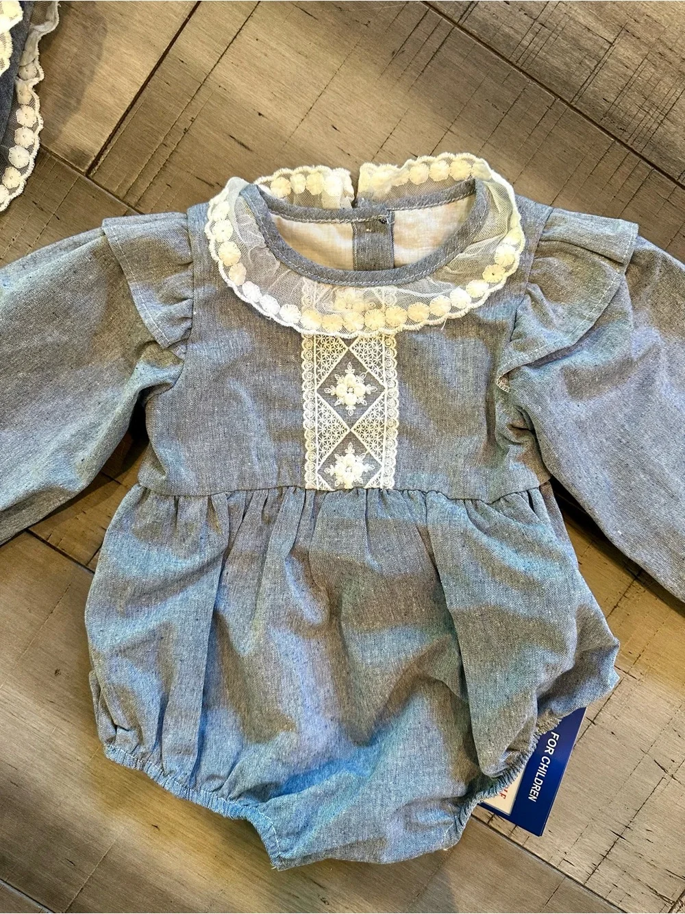 Baby 2 Pc Romper & Bonnet Set Gray Lace Long Sleeve 6 Months Boutique